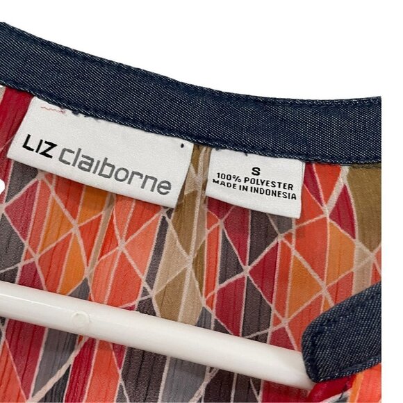 Liz Claiborne Shirt Blouse Top Semi Sheer Orange Denim Geometric Size S - Picture 3 of 6